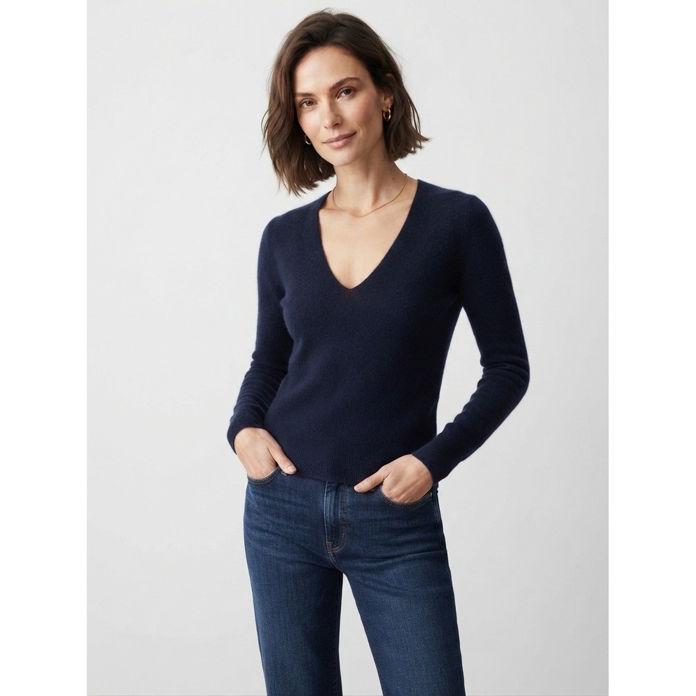 FLAW Theory Feather Cashmere V-Neck Long Sleeve Sweater Navy Blue XS